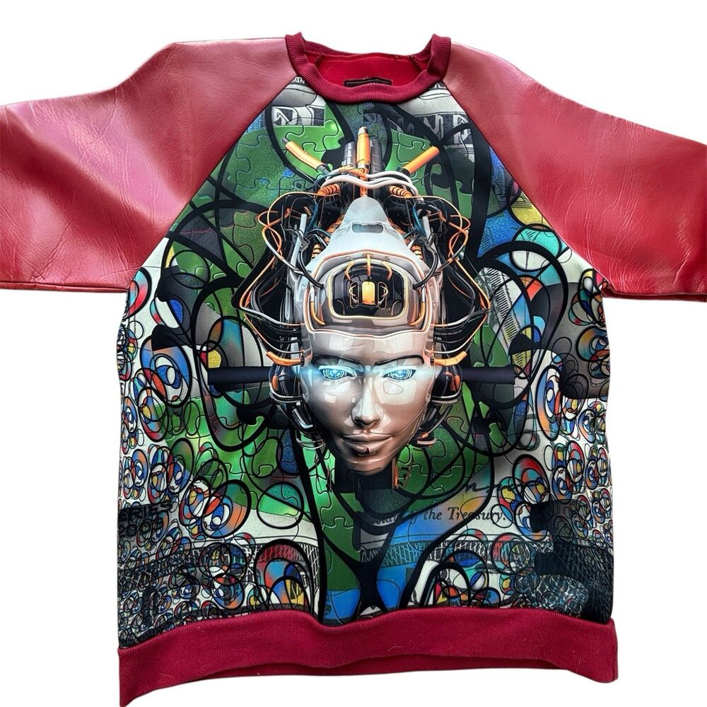 Bleecker & Mercer Red Sweatshirt Graffiti Art Surreal Faux Leather Pullover XL